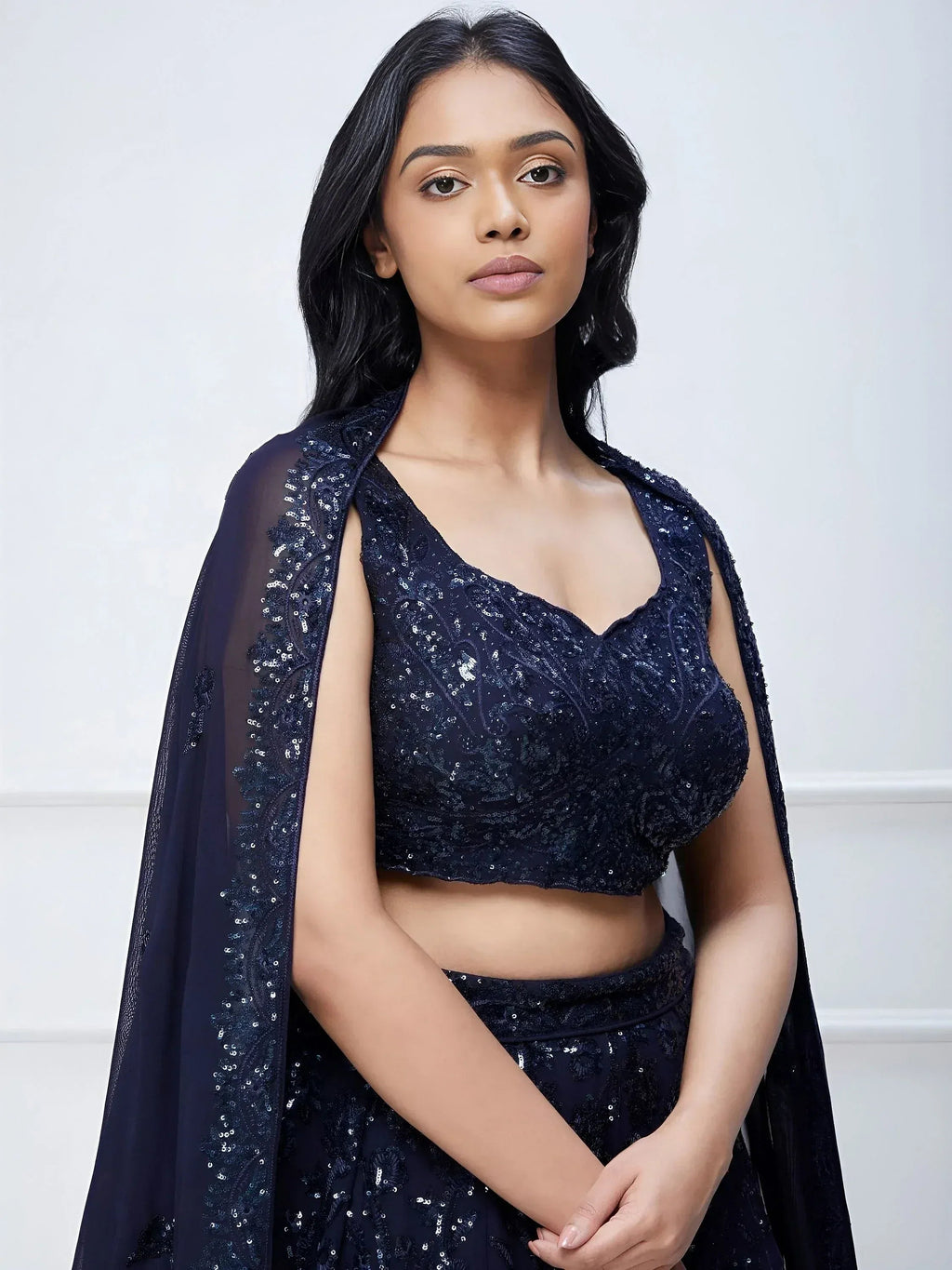 Tulsi Art Amazing Navy Blue Sequins Georgette Reception Wear Lehenga Choli | Grocsy