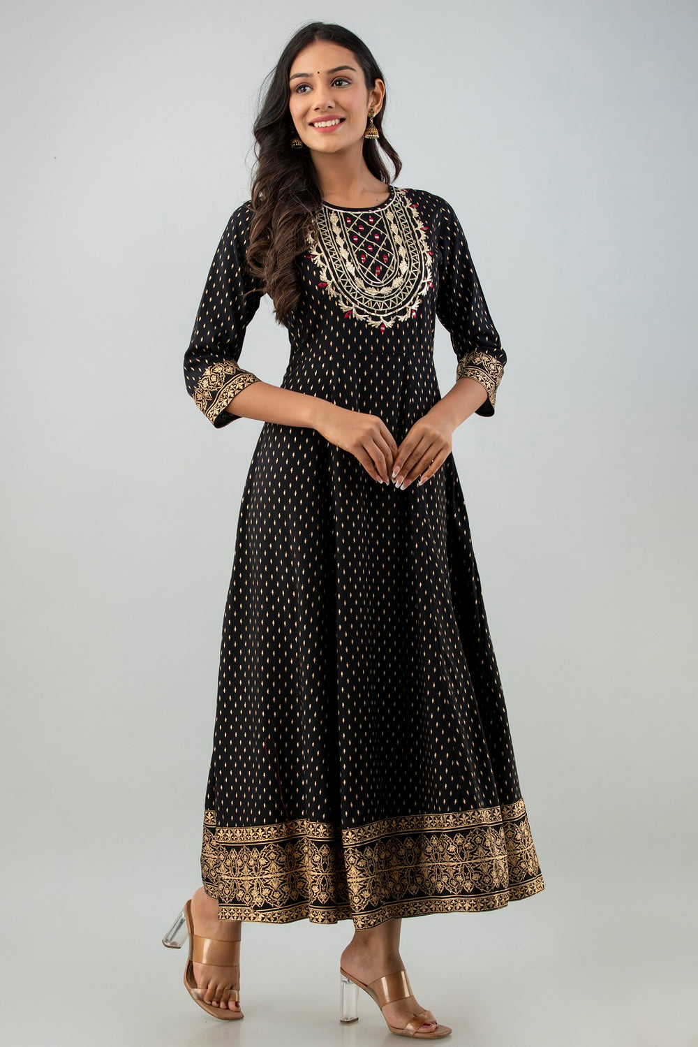 Juniper Women's Black Rayon Printed Flared Dress | Grocsy