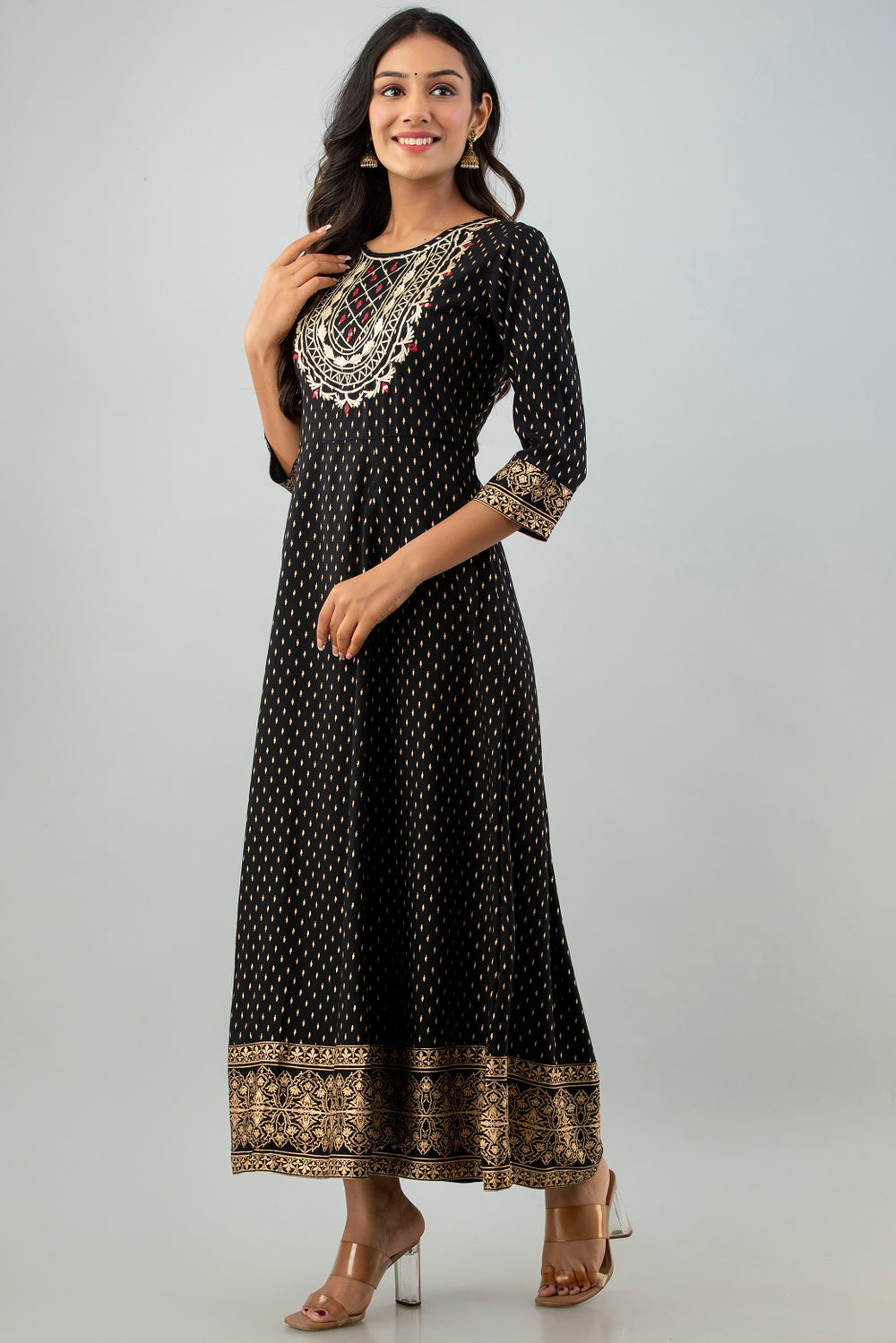 Juniper Women's Black Rayon Printed Flared Dress | Grocsy