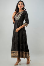 Juniper Women's Black Rayon Printed Flared Dress | Grocsy