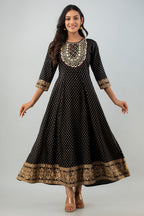 Juniper Women's Black Rayon Printed Flared Dress | Grocsy