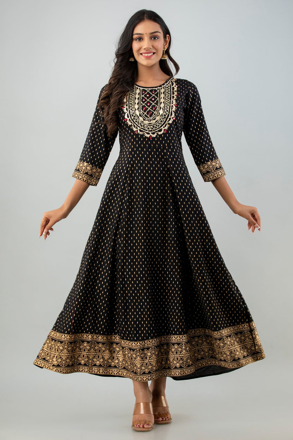 Juniper Women's Black Rayon Printed Flared Dress | Grocsy