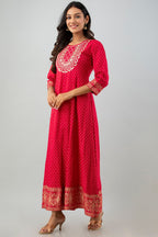 Juniper Women's Red Rayon Printed Flared Dress | Grocsy