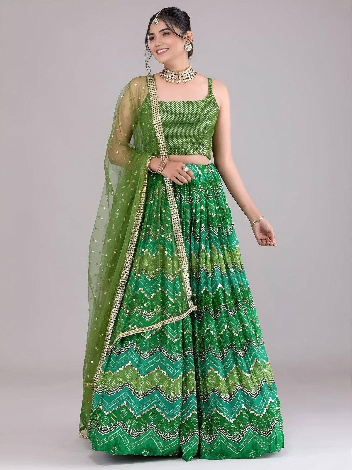 Tulsi Art Awesome Green Digital Printed Georgette Festive Wear Lehenga Choli | Grocsy