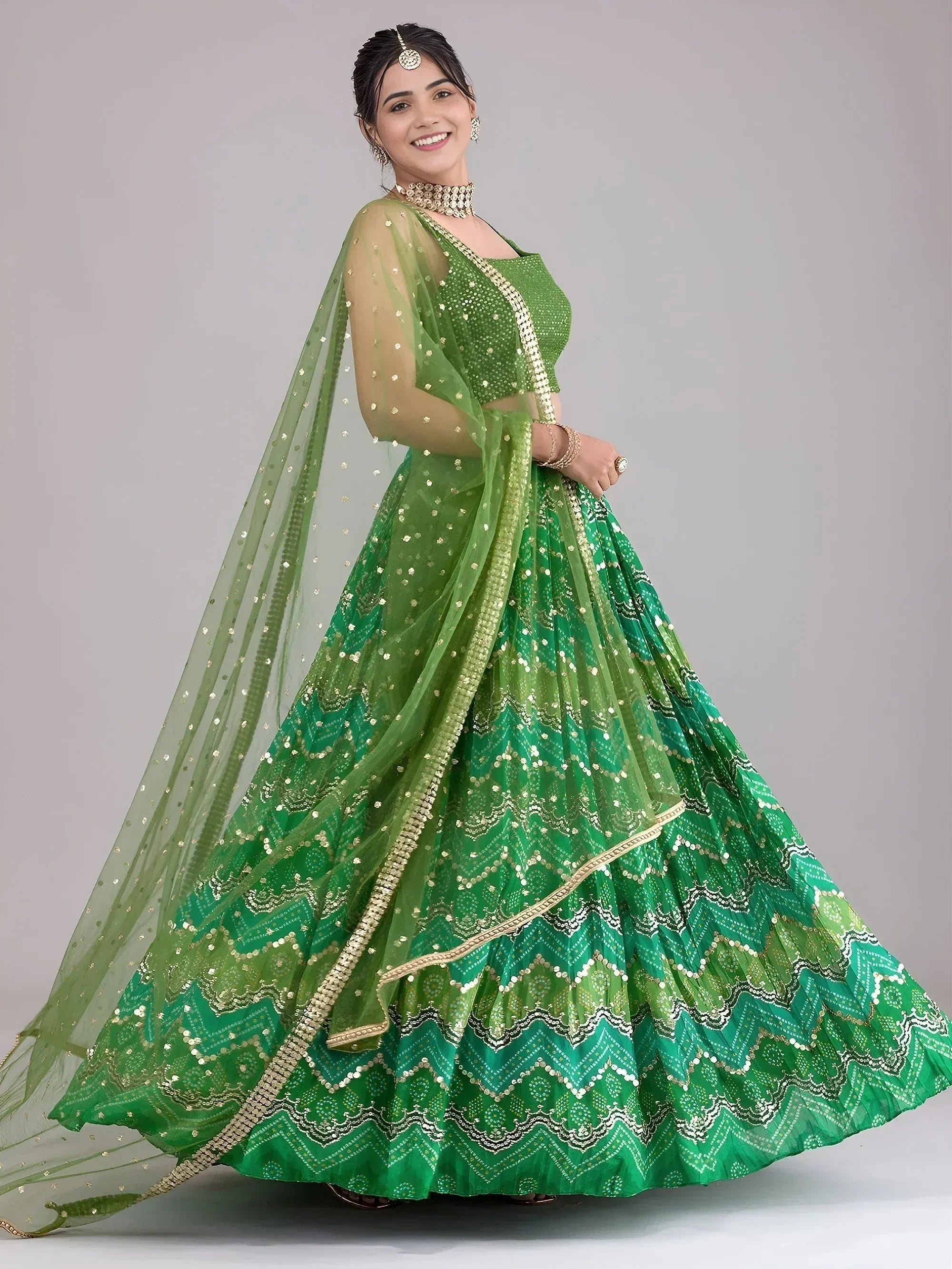 Tulsi Art Awesome Green Digital Printed Georgette Festive Wear Lehenga Choli | Grocsy