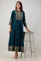 Juniper Women's Teal Rayon Printed Flared Dress | Grocsy