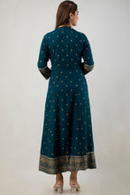 Juniper Women's Teal Rayon Printed Flared Dress | Grocsy