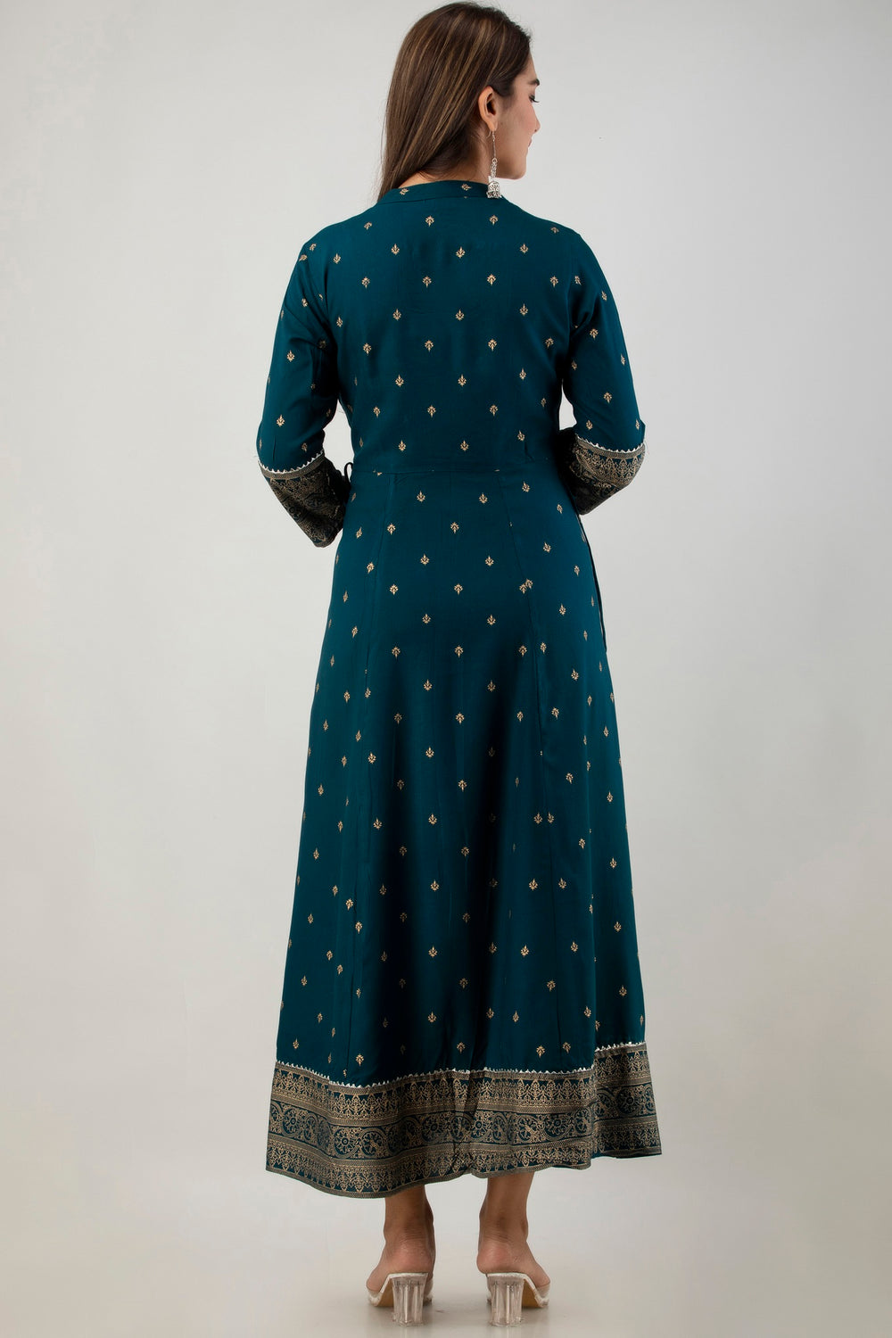 Juniper Women's Teal Rayon Printed Flared Dress | Grocsy
