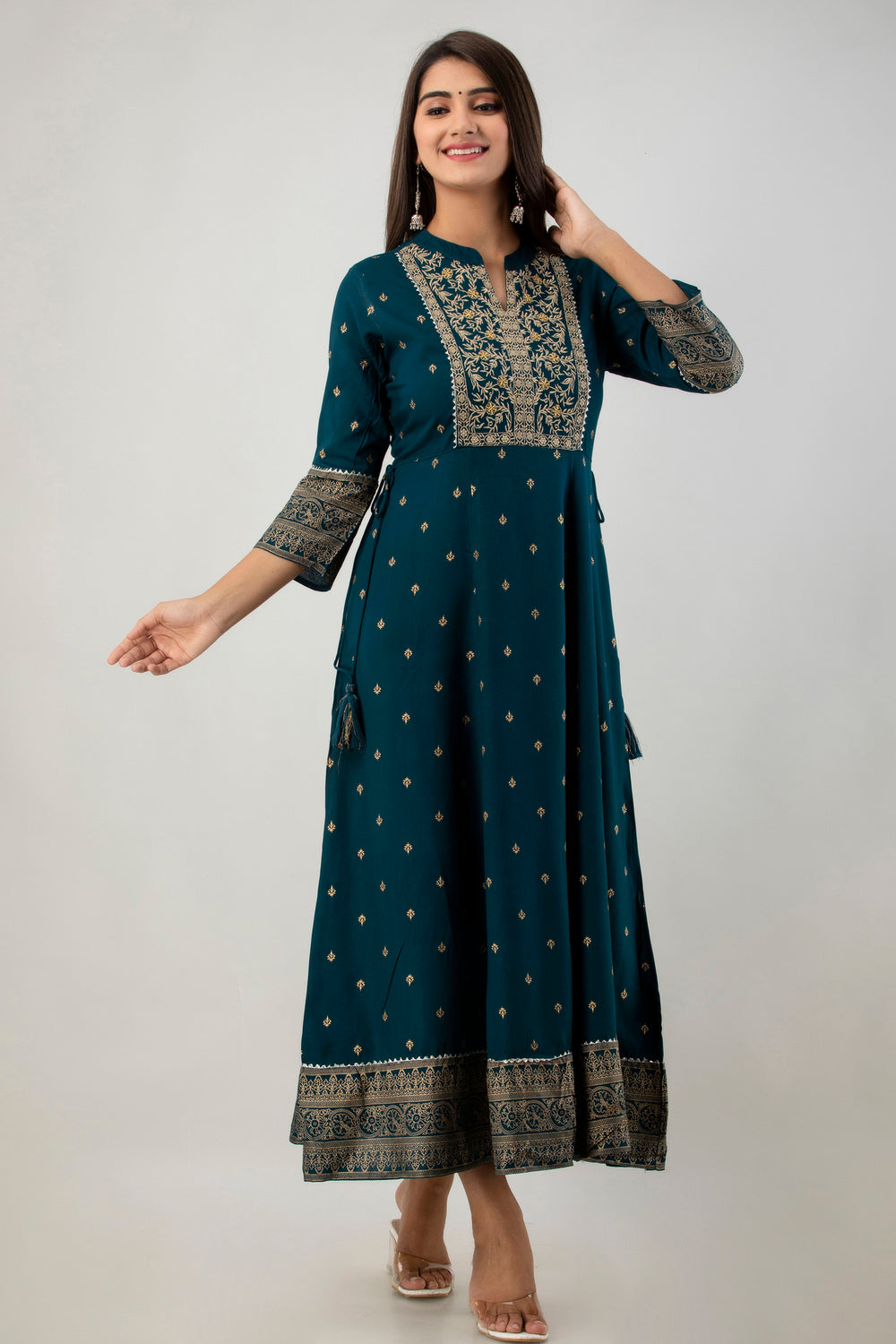 Juniper Women's Teal Rayon Printed Flared Dress | Grocsy