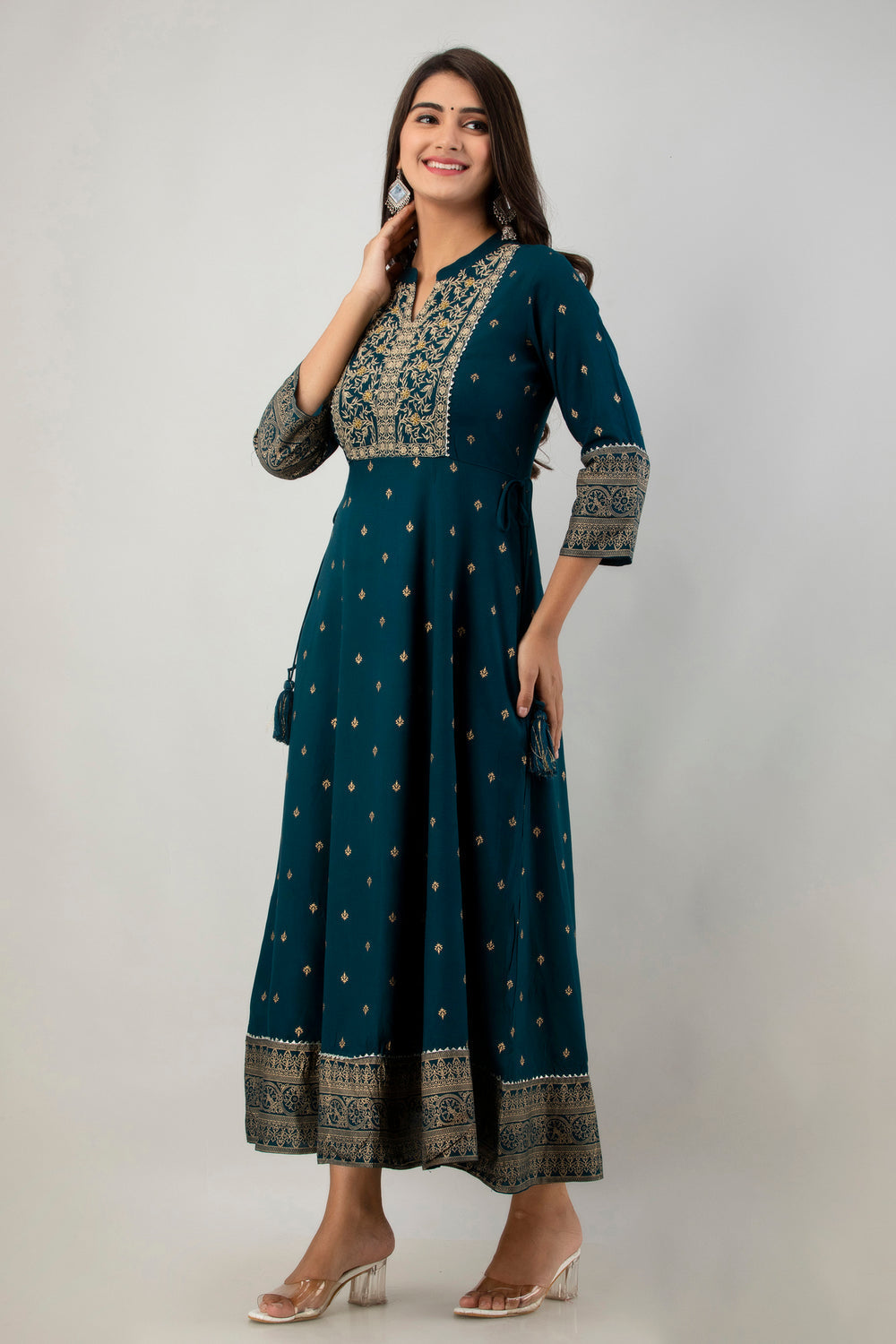 Juniper Women's Teal Rayon Printed Flared Dress | Grocsy