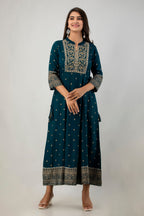 Juniper Women's Teal Rayon Printed Flared Dress | Grocsy