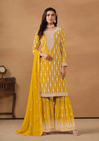 Monjolika Fashion Mustard Faux Georgette Embroidered Salwar Kameez | Grocsy