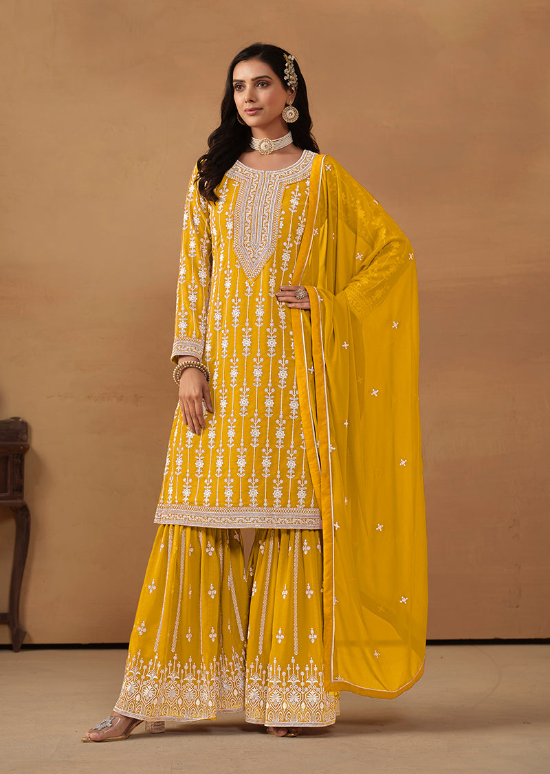 Monjolika Fashion Mustard Faux Georgette Embroidered Salwar Kameez | Grocsy