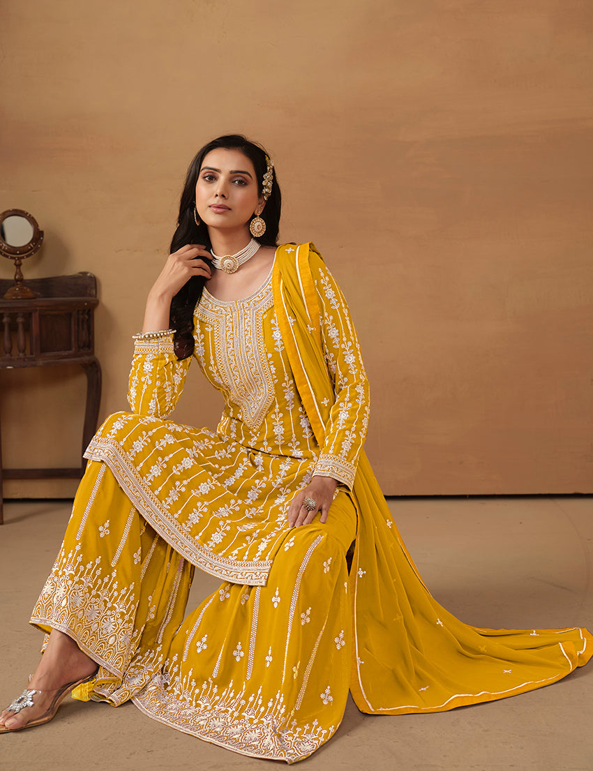 Monjolika Fashion Mustard Faux Georgette Embroidered Salwar Kameez | Grocsy