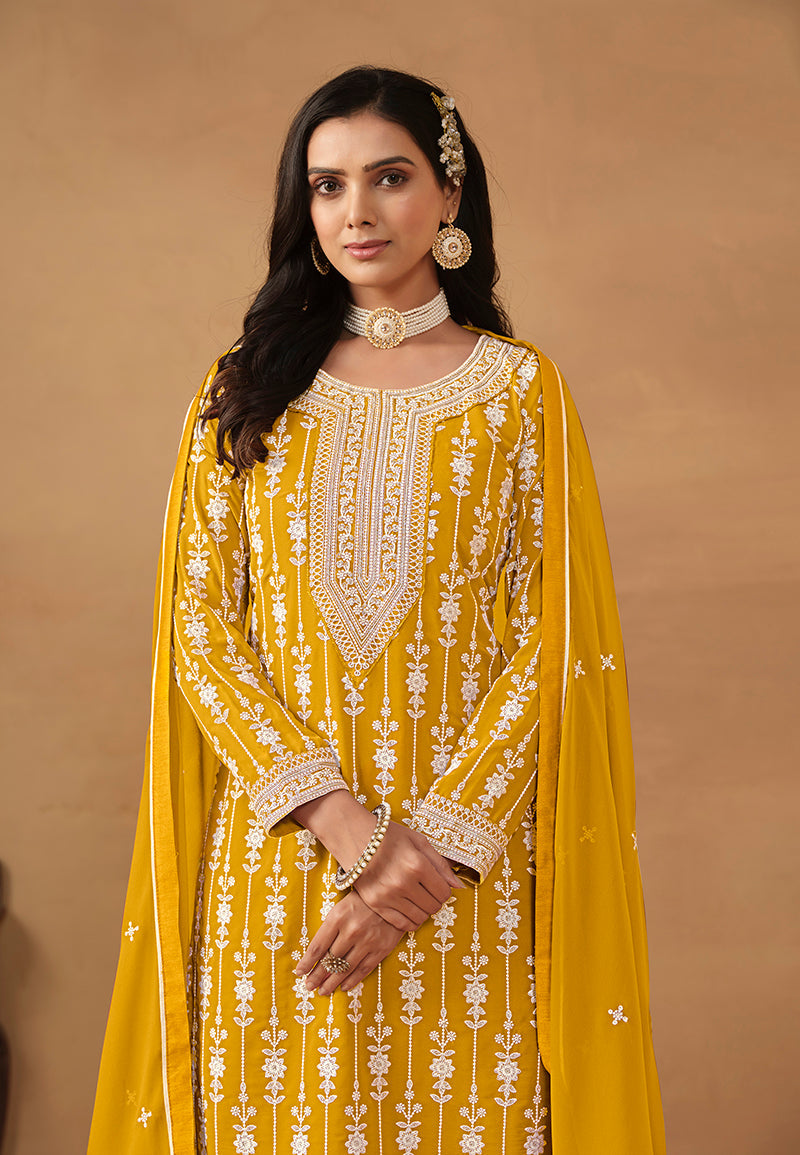Monjolika Fashion Mustard Faux Georgette Embroidered Salwar Kameez | Grocsy
