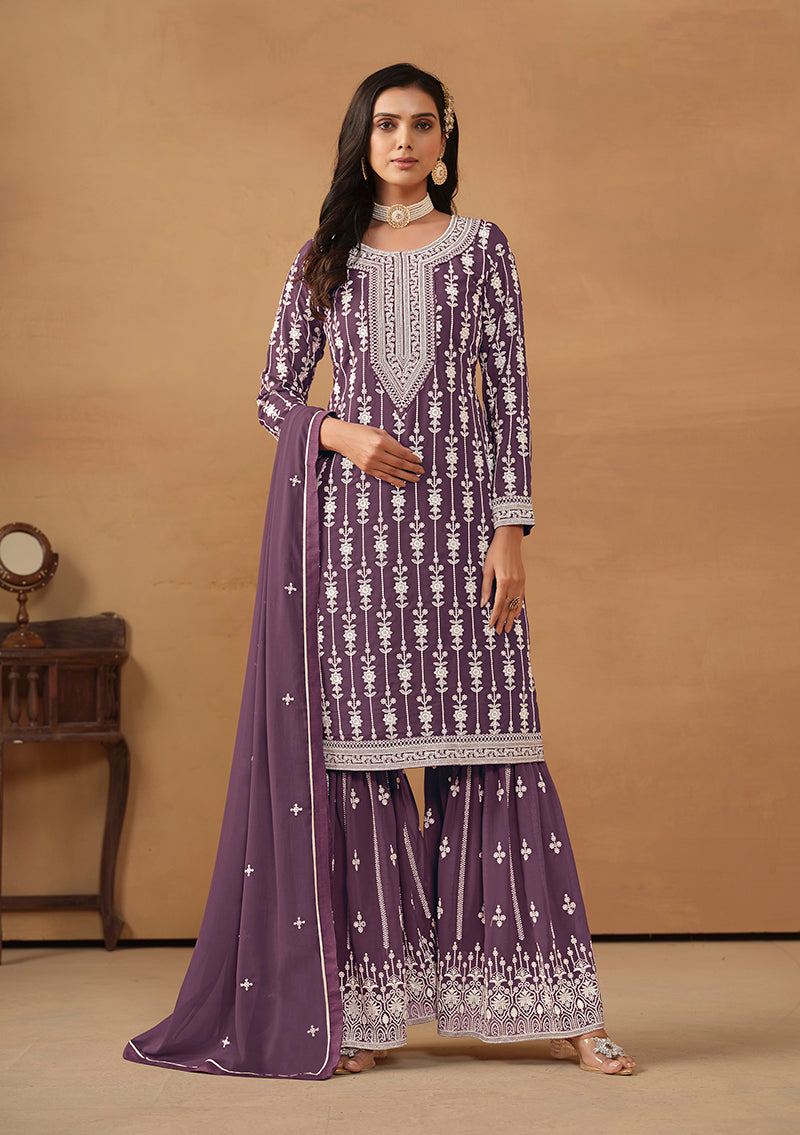Monjolika Fashion Purple Faux Georgette Embroidered Salwar Kameez | Grocsy