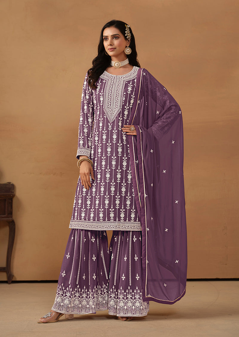 Monjolika Fashion Purple Faux Georgette Embroidered Salwar Kameez | Grocsy