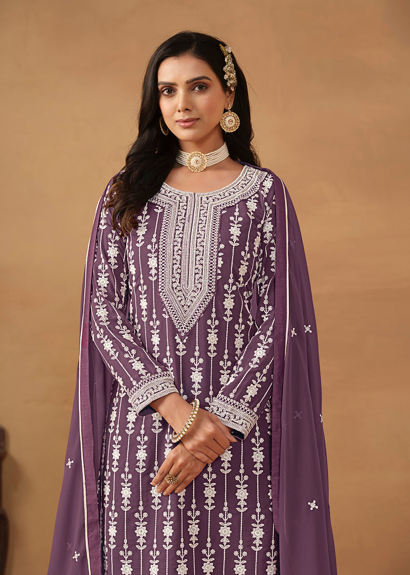 Monjolika Fashion Purple Faux Georgette Embroidered Salwar Kameez | Grocsy