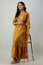 Juniper Women's Mustard Rayon Printed Flared Dress | Grocsy