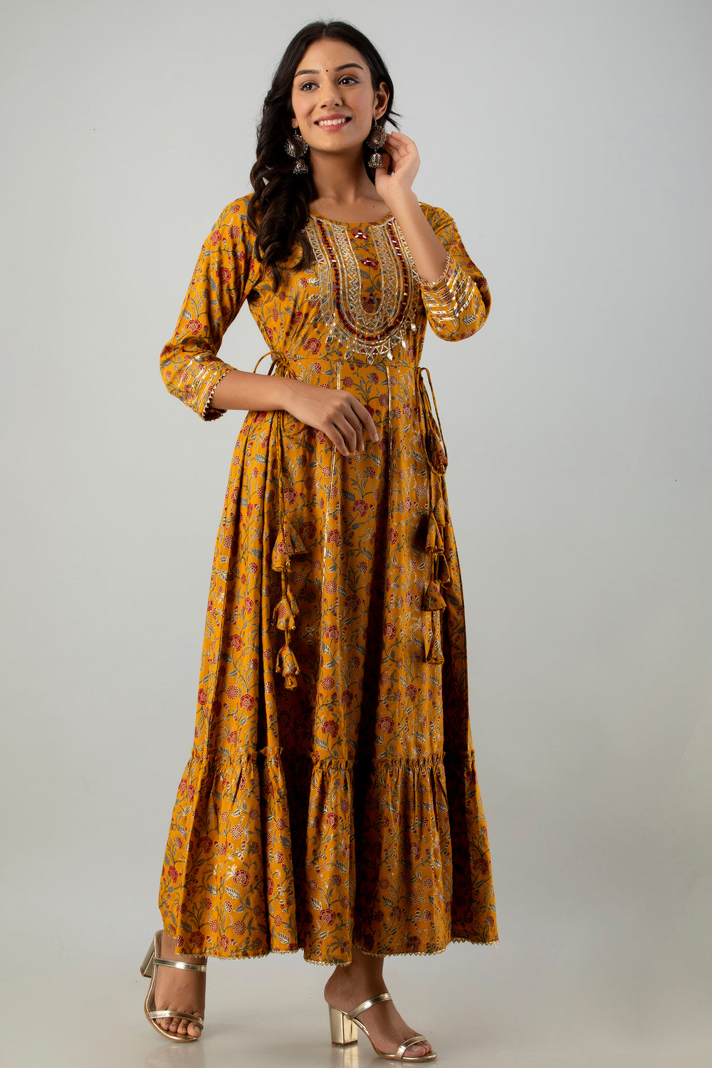 Juniper Women's Mustard Rayon Printed Flared Dress | Grocsy