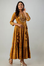 Juniper Women's Mustard Rayon Printed Flared Dress | Grocsy