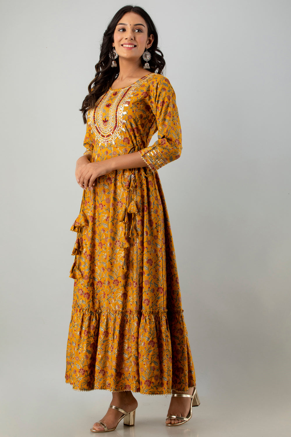 Juniper Women's Mustard Rayon Printed Flared Dress | Grocsy