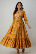 Juniper Women's Mustard Rayon Printed Flared Dress | Grocsy