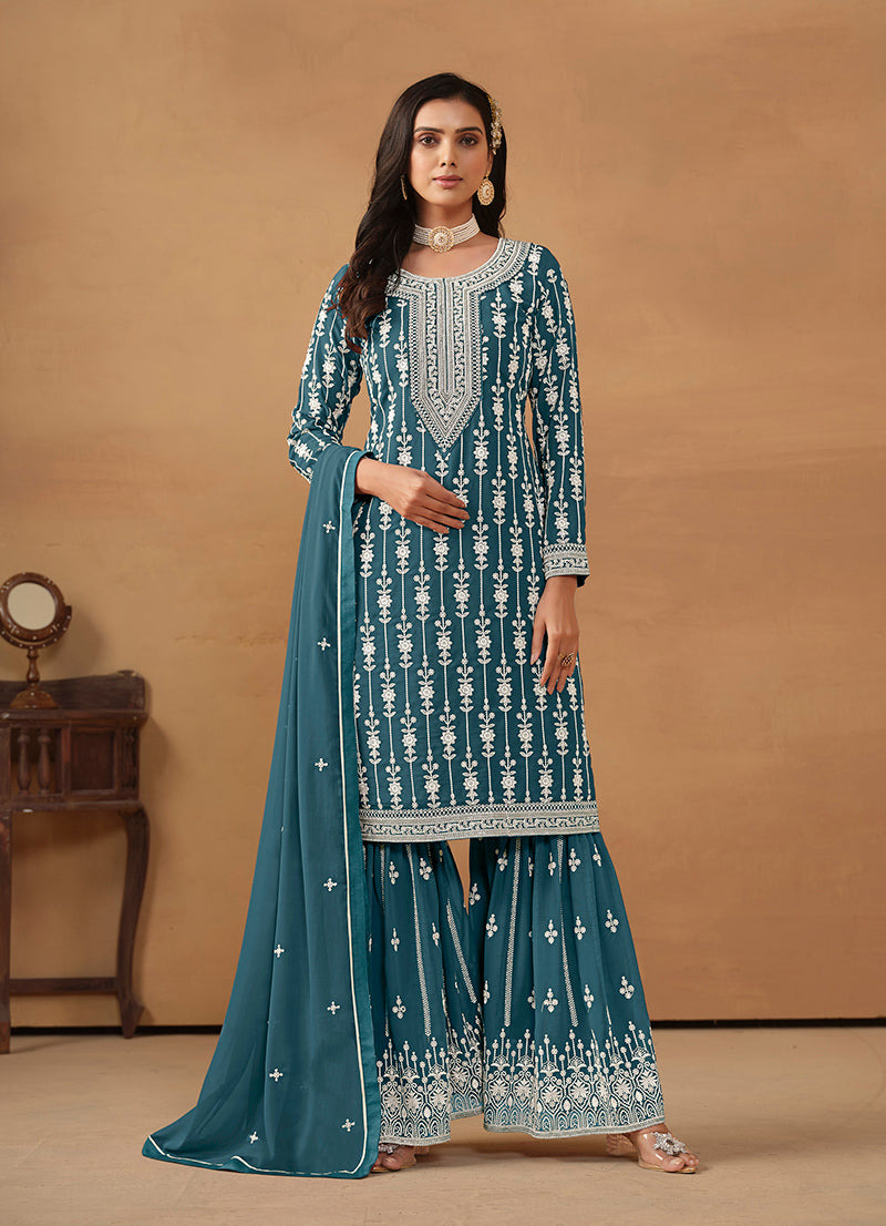 Monjolika Fashion Teal Faux Georgette Embroidered Salwar Kameez | Grocsy