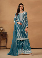 Monjolika Fashion Teal Faux Georgette Embroidered Salwar Kameez | Grocsy
