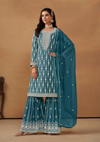 Monjolika Fashion Teal Faux Georgette Embroidered Salwar Kameez | Grocsy