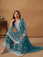 Monjolika Fashion Teal Faux Georgette Embroidered Salwar Kameez | Grocsy