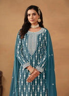 Monjolika Fashion Teal Faux Georgette Embroidered Salwar Kameez | Grocsy