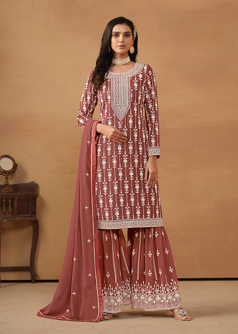 Monjolika Fashion Light Brown Faux Georgette Embroidered Salwar Kameez | Grocsy