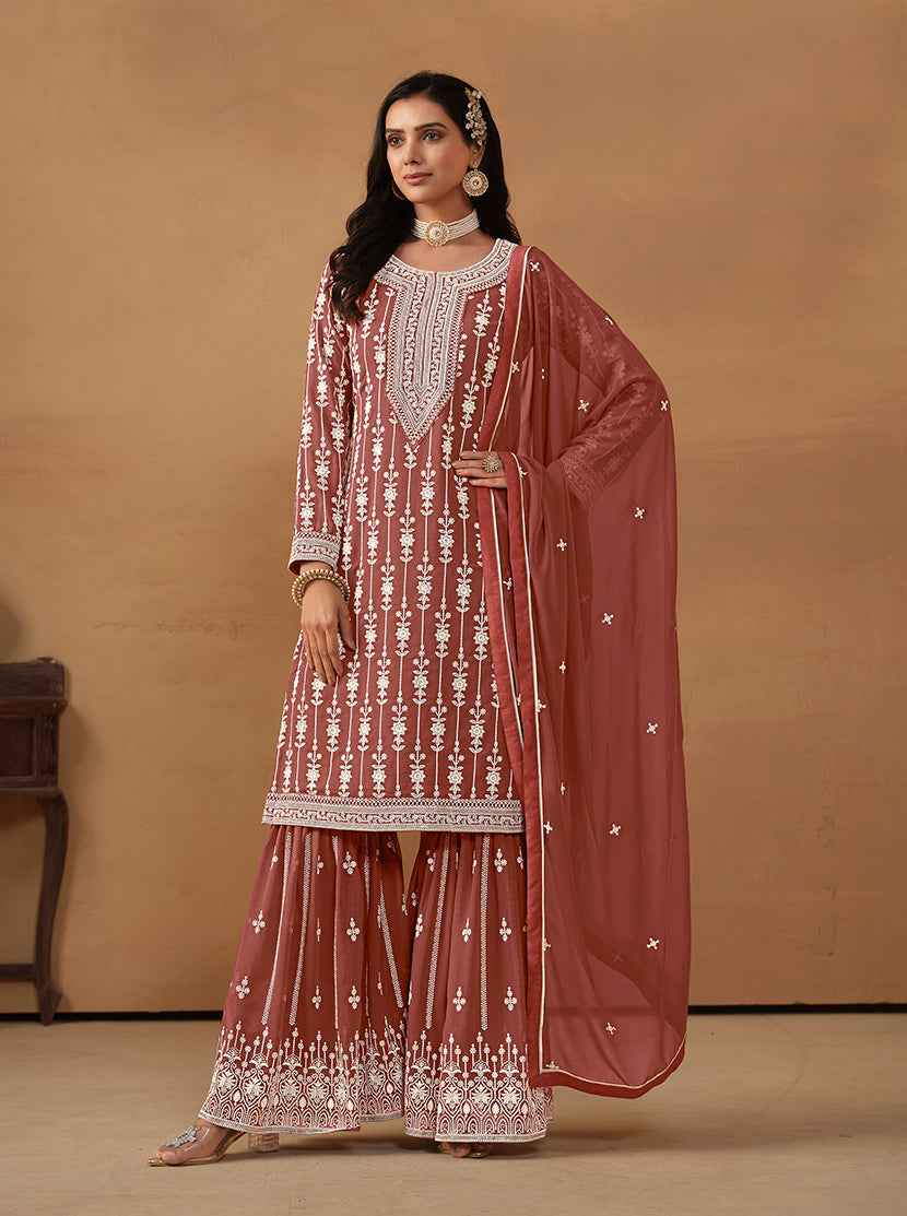Monjolika Fashion Light Brown Faux Georgette Embroidered Salwar Kameez | Grocsy