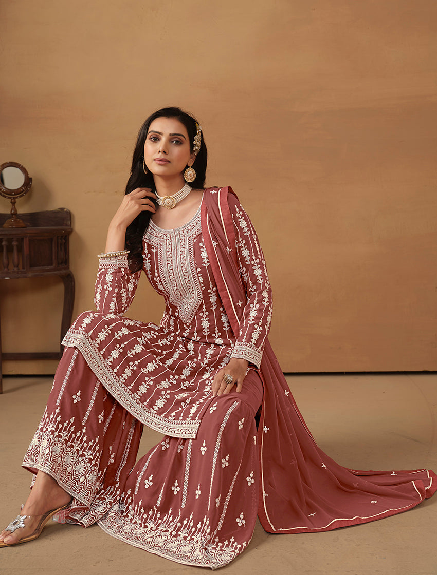 Monjolika Fashion Light Brown Faux Georgette Embroidered Salwar Kameez | Grocsy
