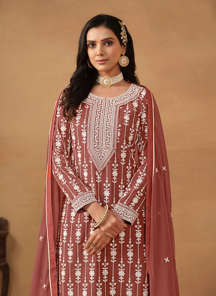 Monjolika Fashion Light Brown Faux Georgette Embroidered Salwar Kameez | Grocsy