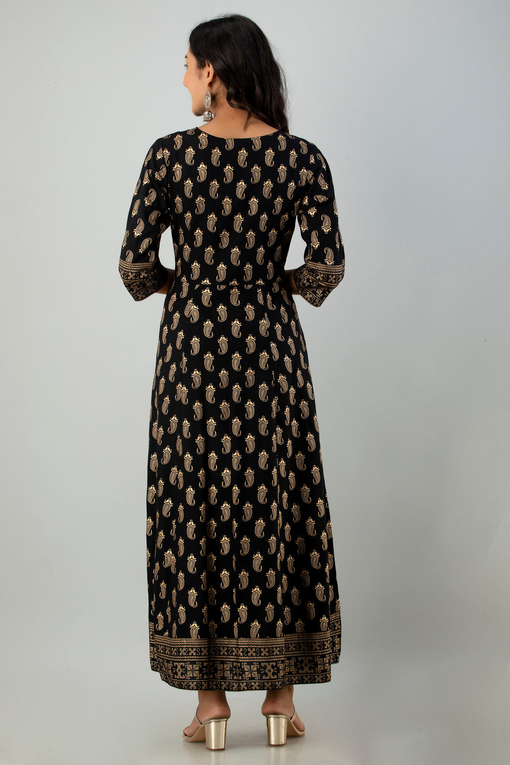 Juniper Women's Black Rayon Printed Flared Dress | Grocsy