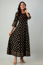 Juniper Women's Black Rayon Printed Flared Dress | Grocsy