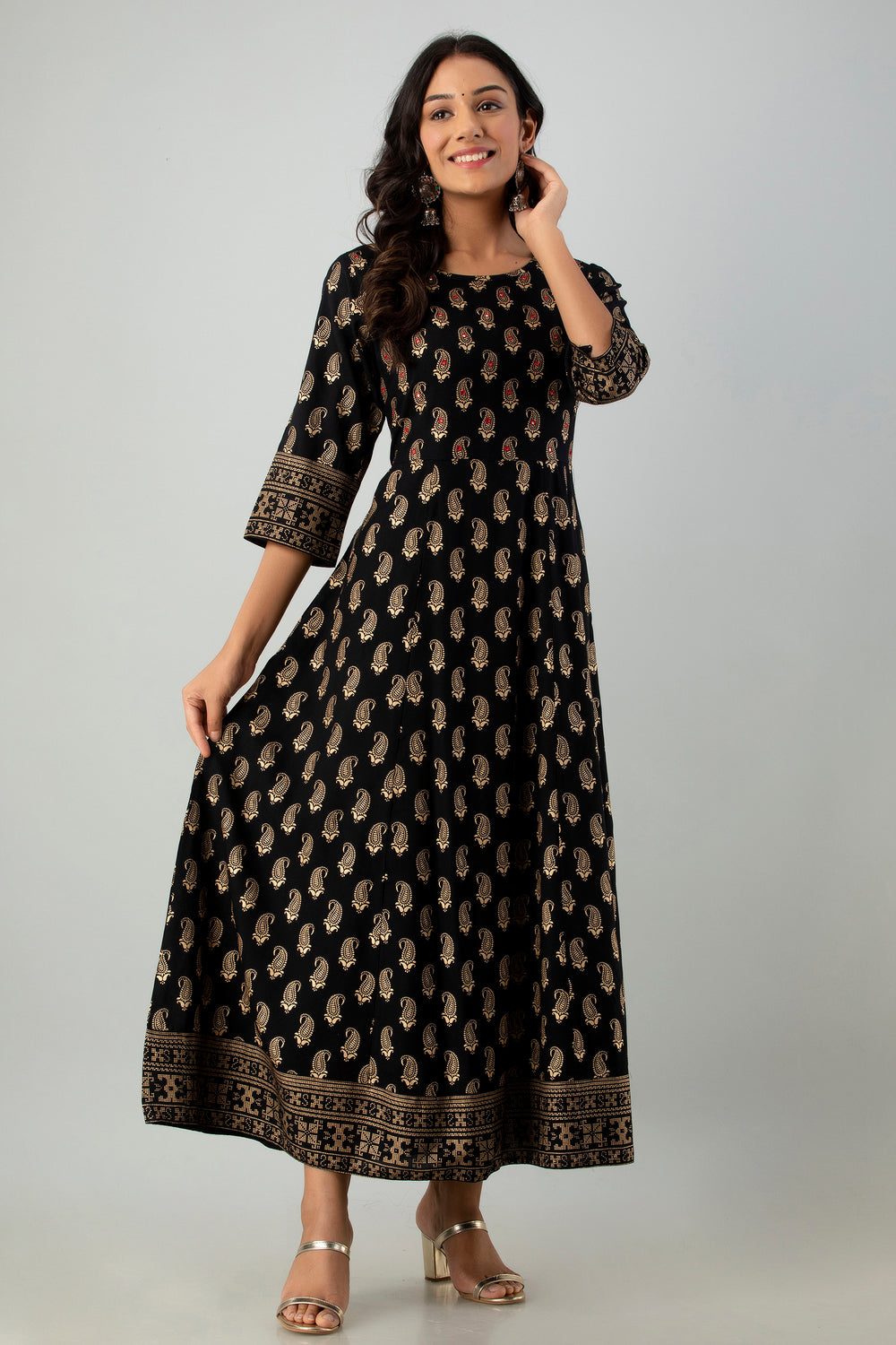 Juniper Women's Black Rayon Printed Flared Dress | Grocsy