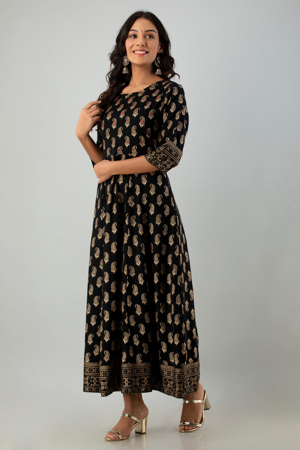 Juniper Women's Black Rayon Printed Flared Dress | Grocsy