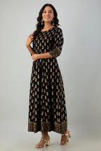 Juniper Women's Black Rayon Printed Flared Dress | Grocsy