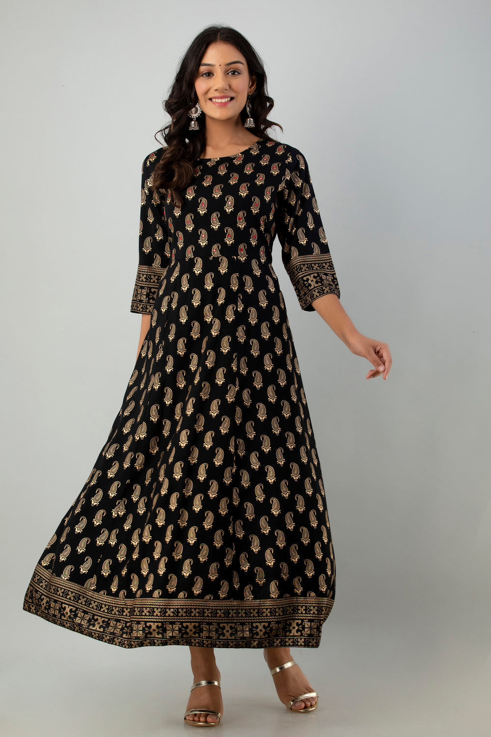 Juniper Women's Black Rayon Printed Flared Dress | Grocsy