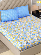 DREAM WEAVERZ Blue & Yellow Cotton Ethnic Motifs 300 TC Double Bedsheet with 2 Pillow Covers | Grocsy
