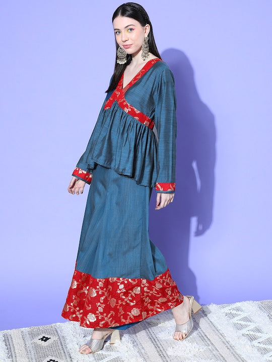 InWeave Women's Teal Red Brocade Mughal Shaan Kurta Palazzo Set | Grocsy