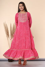 Juniper Women's Fuschia Printed Embroidered Mirror Work Cotton Flared Dress | Grocsy