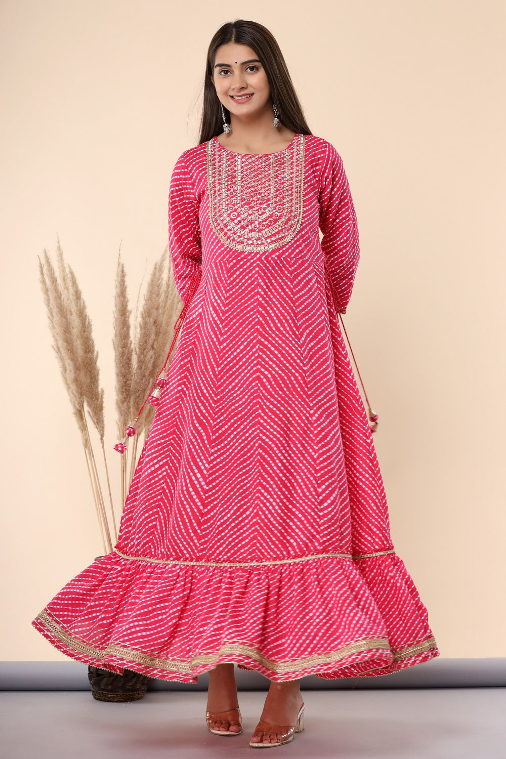 Juniper Women's Fuschia Printed Embroidered Mirror Work Cotton Flared Dress | Grocsy
