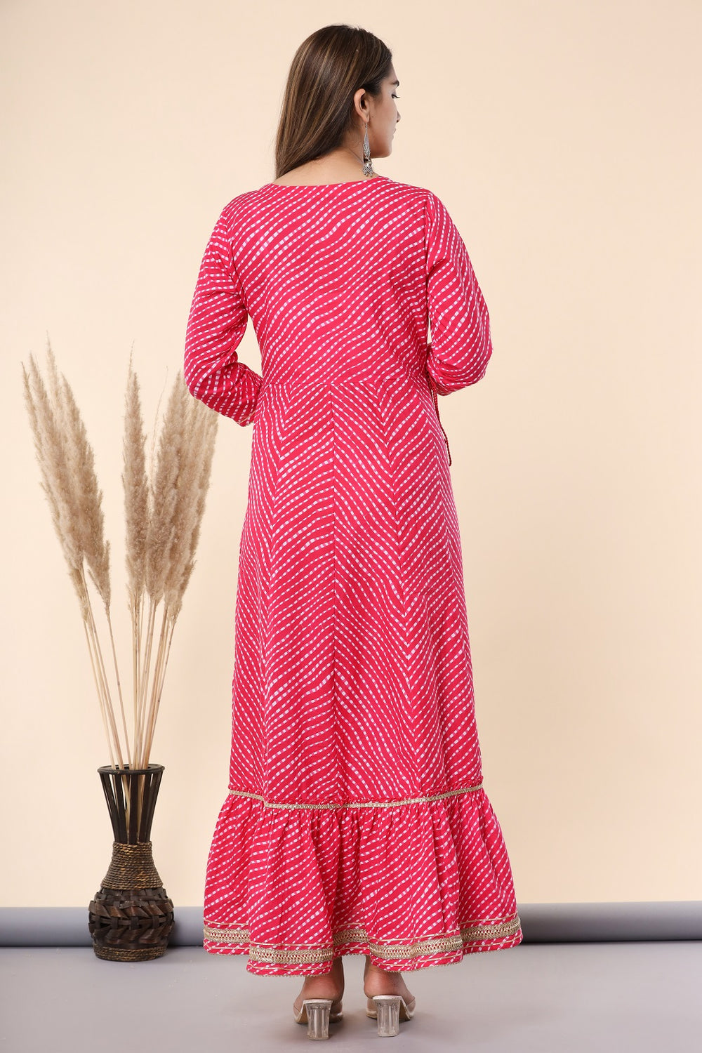 Juniper Women's Fuschia Printed Embroidered Mirror Work Cotton Flared Dress | Grocsy