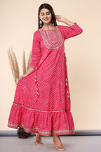 Juniper Women's Fuschia Printed Embroidered Mirror Work Cotton Flared Dress | Grocsy