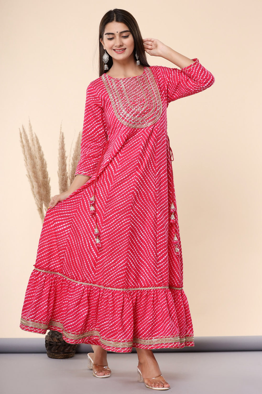 Juniper Women's Fuschia Printed Embroidered Mirror Work Cotton Flared Dress | Grocsy