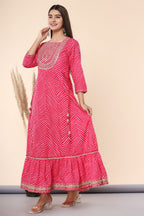 Juniper Women's Fuschia Printed Embroidered Mirror Work Cotton Flared Dress | Grocsy